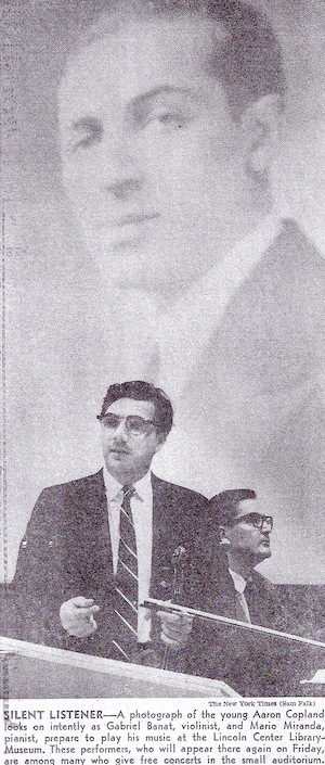 Banat and Miranda with Copland projected on the screen, 20th C. Sonata Series, photo NY Times, February 1968