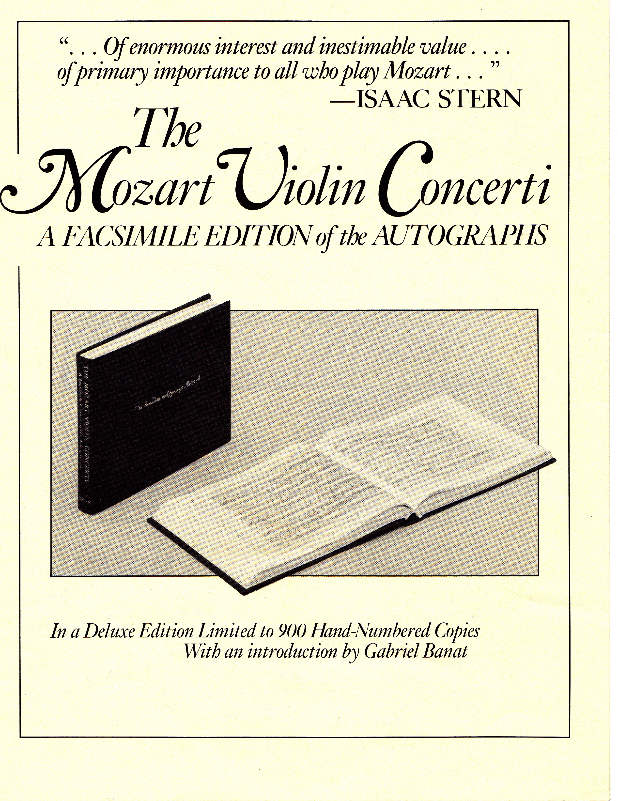 Volume of facsimiles of original manuscripts of Mozart’s violin concertos, published by Banat in 1986