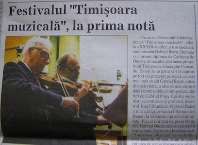 Last public performance, playing Bach’s Double Concerto with the concertmaster of his hometown, Timisoara’s orchestra, in 2008, after being named its citizen of honor. (On the same stage as his first public performance, in 1934.)